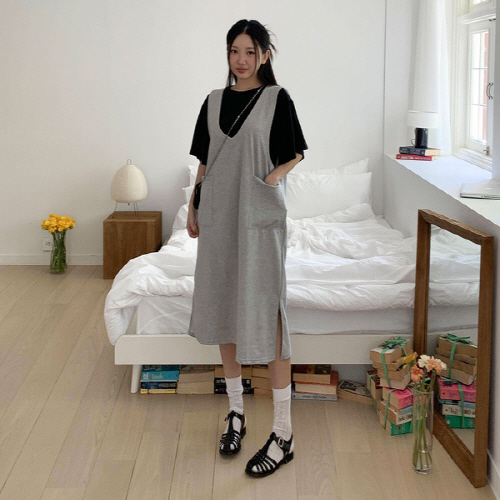 크라어 투포켓 트임 양브이넥 롱 원피스