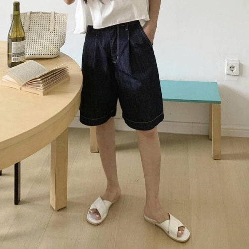 히리므 핀턱 스티치 포켓 패치 와이드 버뮤다 생지 데님 팬츠