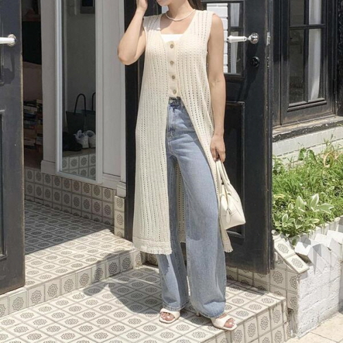 라리므 브이넥 펀칭 니트 나시 롱 가디건
