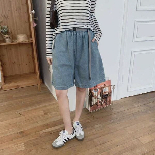 윤멘하 드롭 벨트 세트 와이드 밴딩 데님 반바지