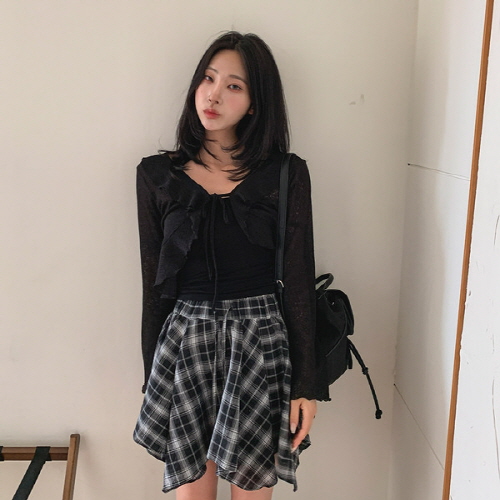 단스쿠 시스루 리본 스트랩 프릴 크롭 가디건