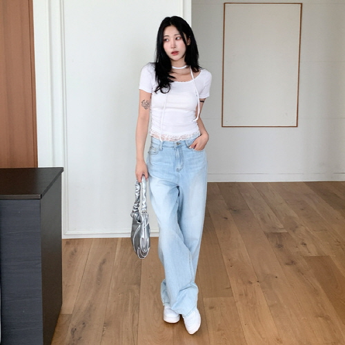 리이버 에코 워싱 썸머 와이드 연청 데님 팬츠