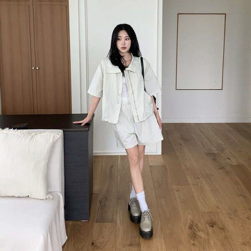 제우원 나일론 카라 반팔 집업 밴딩 반바지 SET