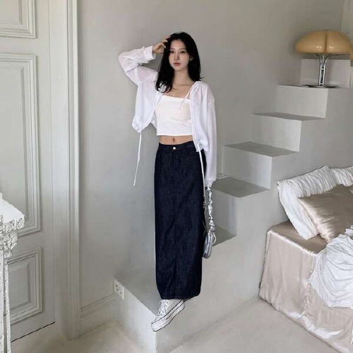 칼린스 논페이드 생지 데님 A라인 롱 스커트