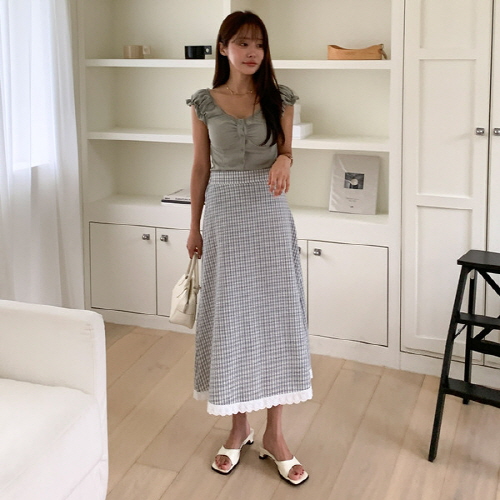 이메필 코튼 체크 레이스 a라인 롱 스커트