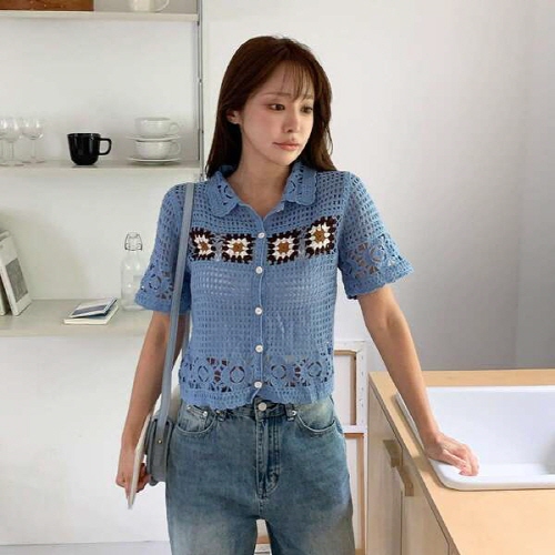 올레린 플라워 펀칭 반팔 니트 가디건