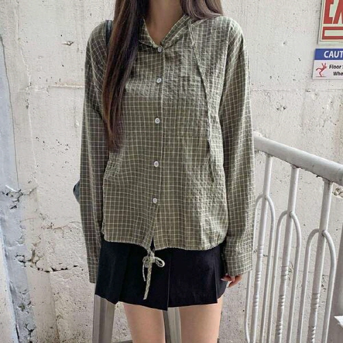 베르진 코튼 포켓 후드 체크 셔츠