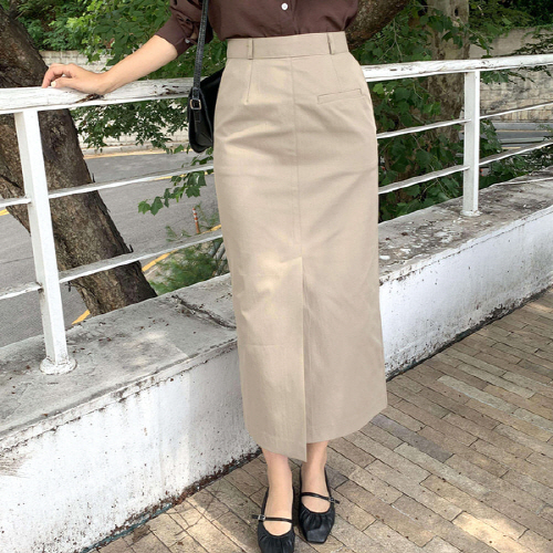 온디럽 앞트임 페이크 포켓 H라인 롱 스커트