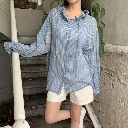 히리테 오버핏 프릴 후드 체크 셔츠