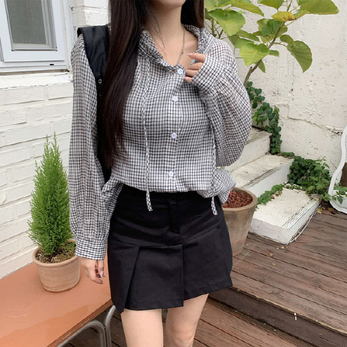 렌니런 루즈핏 셔링 후드 체크 셔츠