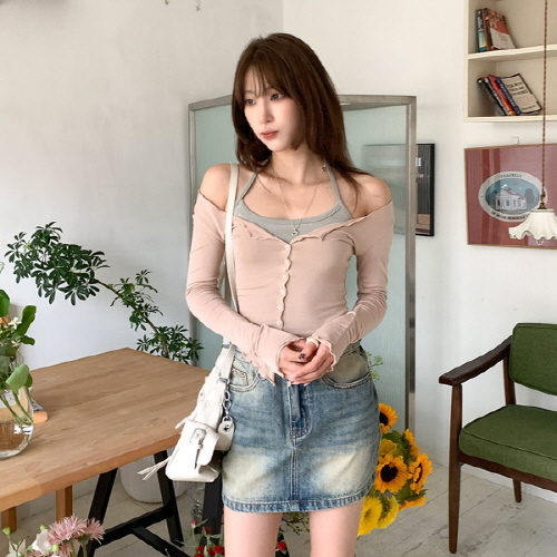 설리난 홀터넥 나시 물결 크롭 가디건 세트