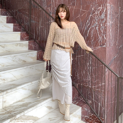 블벳리 레이어드 셔링 H라인 롱 스커트