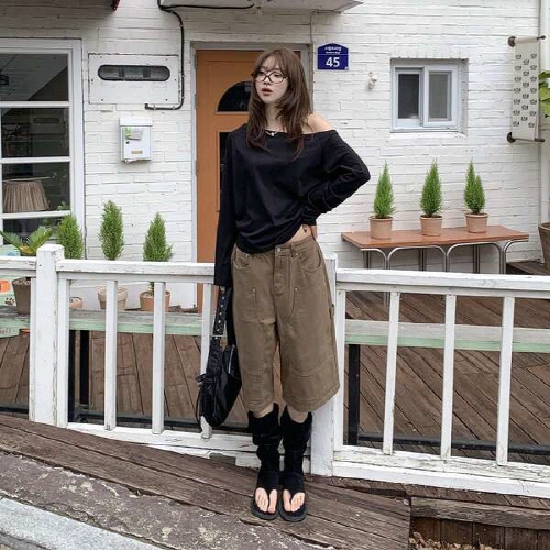 이린치 코튼 데님 와이드 버뮤다 팬츠