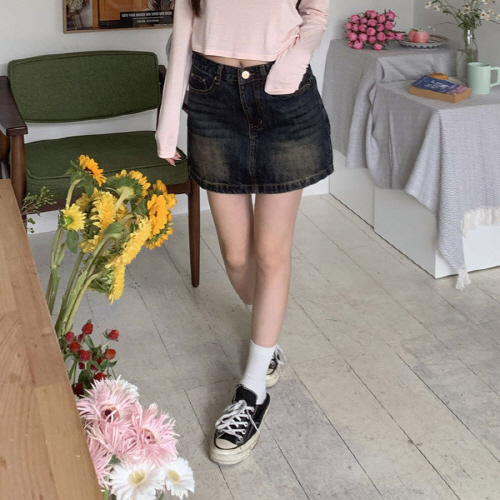 린어센 빈티지 워싱 데님 미니 스커트