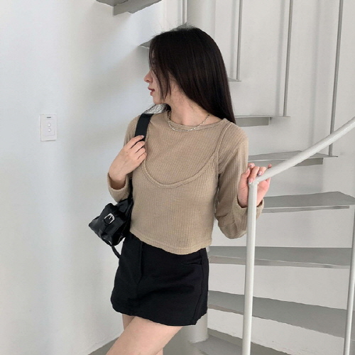 리앤미 골지 레이어드 뷔스티에 긴팔 니트