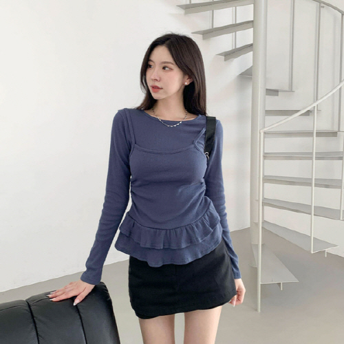 비이숀 뷔스티에 레이어드 일체형 프릴 긴팔티