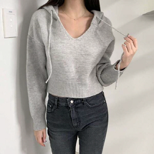 우데아 브이넥 크롭 아방 후드 니트