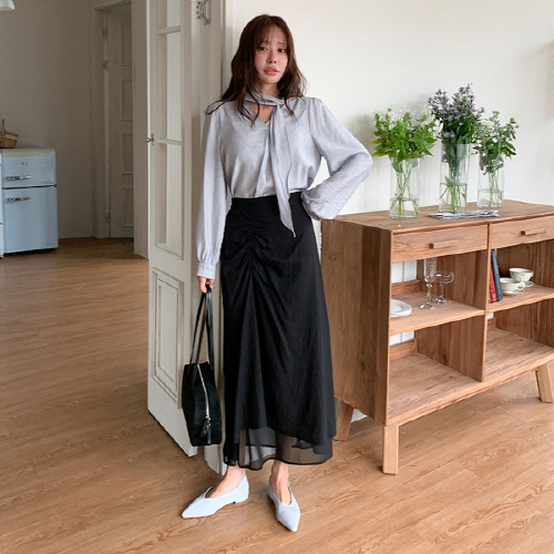 튼앤카 셔링 시스루 레이어드 롱 스커트