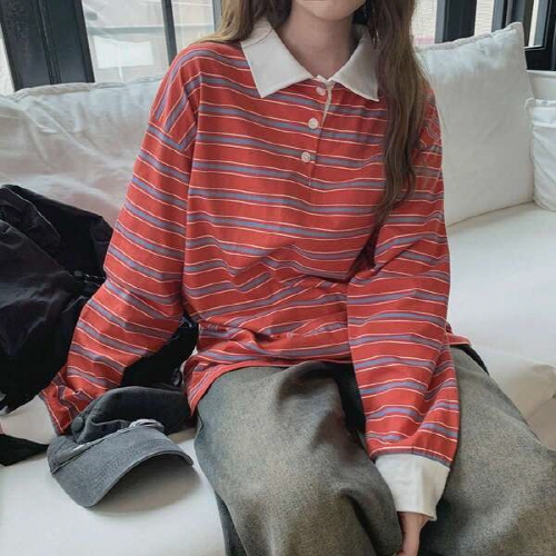 소앤린 오버핏 스트라이프 카라 티셔츠