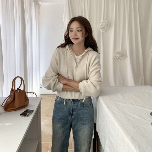 리미투 캐시미어 크롭 니트 후드 집업