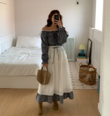 헤던너 체크 레이어드 캉캉 롱스커트