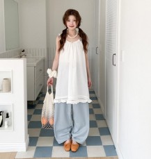 래게솔 스트링 프릴 레이어드 민소매 미니원피스