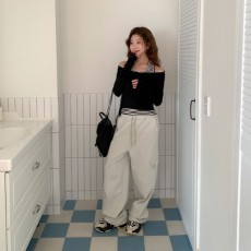 테성에 사선 절개 밴딩 와이드 팬츠