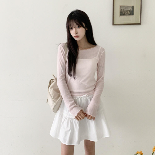 커셀향 물결 시스루 골지 티셔츠