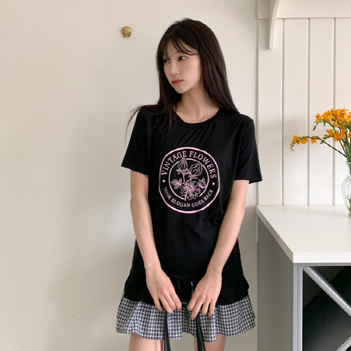 루니미 플라워 레터링 프린팅 반팔 티셔츠