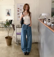 모투거 커브드 와이드 중청 데님 팬츠