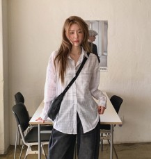 소모진 코튼 루즈핏 시스루 체크 남방