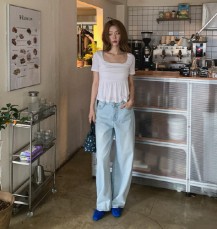 제메빈 스퀘어넥 골지 셔링 플레어 반팔 니트