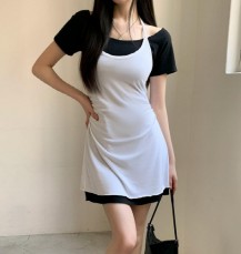 루레닌 물결 홀터넥 배색 레이어드 반팔 원피스
