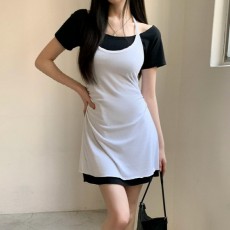 루레닌 물결 홀터넥 배색 레이어드 반팔 원피스