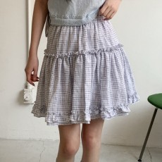 링저레 체크 프릴 플레어 밴딩 미니 스커트
