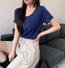 일란구 루즈핏 U넥 기본 스판 반팔 티셔츠