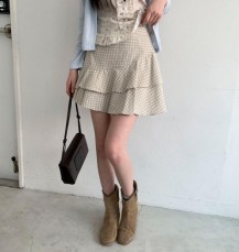 노안레 언발 프릴 체크 뒷밴딩 미니스커트