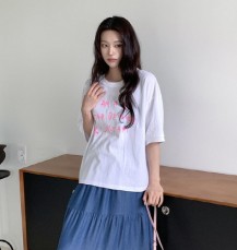 키제삼 배색 레터링 오버핏 반팔 티셔츠