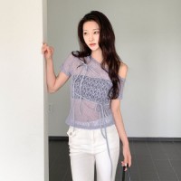 솔푸벨 리본 스트랩 시스루 레이스 반팔 티셔츠
