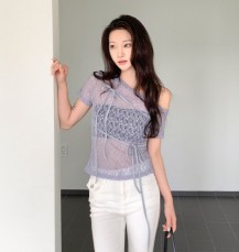 솔푸벨 리본 스트랩 시스루 레이스 반팔 티셔츠