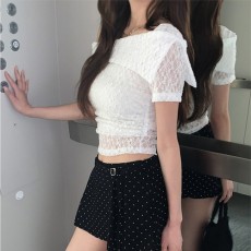 새버진 오프숄더 플라워 레이스 크롭 반팔 티셔츠