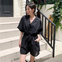 번치타 린넨 스트링 카라 반팔 점프수트