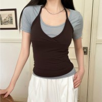 랑치솔 리본 홀터넥 나시 레이어드 반팔 티셔츠 세트