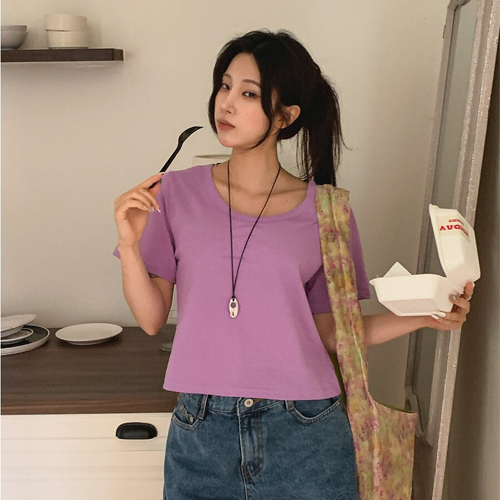 봄성달 소프트 유넥 크롭 반팔 티셔츠
