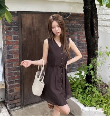랑내필 텐셀 스트랩 버튼 A라인 민소매 미니 원피스