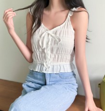 주레초 리본 셔링 밴딩 크롭 프릴 나시 블라우스