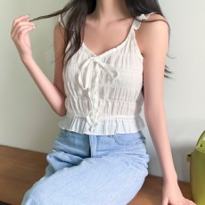 주레초 리본 셔링 밴딩 크롭 프릴 나시 블라우스