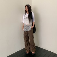 구삼레 레이스 레이어드 브이넥 레터링 루즈 반팔티
