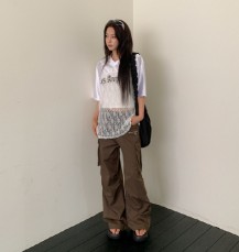 구삼레 레이스 레이어드 브이넥 레터링 루즈 반팔티