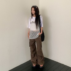 구삼레 레이스 레이어드 브이넥 레터링 루즈 반팔티